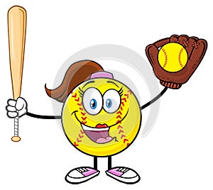 Happy Softball Girl Cartoon Character Holding A Bat And Glove With Ball