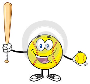 Happy Softball Player Cartoon Character Holding A Bat And Ball