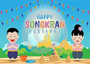 Happy Songkran festival - Thai boy and Thai girl respect hands and in Sand pagodas At the temple verctor design