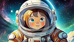 Happy Space Astronaut Girl In Outer Space