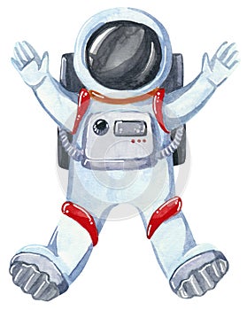 Happy spaceman greeting, in space suite, hand drawn watercolor illustration