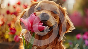 Happy spaniel with pink tulips. Playful dog enjoying spring