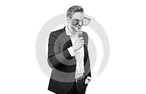 Happy speaker man in funny glasses and formal suit speak to microphone, conferencier
