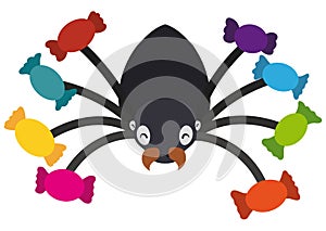 Happy Spider Holding Sweet Candies with All its Legs, Vector Illustration