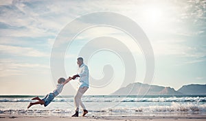 Happy, spinning and father with son at beach for bonding, support and summer break. Travel, playing and vacation with