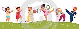 Happy sport children. Kids team, happy child and soccer ball. Isolated outdoor sporty characters, little boy girl field