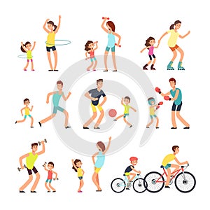 Happy sport family. Mom, dad with kids doing sports exercises outdoor. Parents and children in fitness activity vector