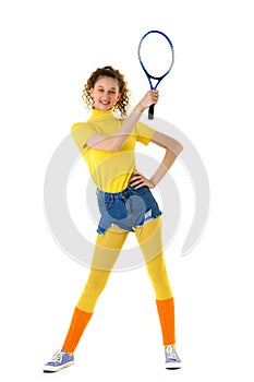 Happy sports girl tennis player posing with racket