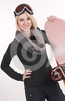 Happy Sports Woman Stands in Full Gear with her Snowboard