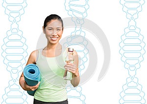happy sporty woman with dna chains background