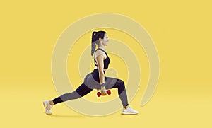 Happy sporty woman having fitness workout, holding dumbbells and doing forward lunges