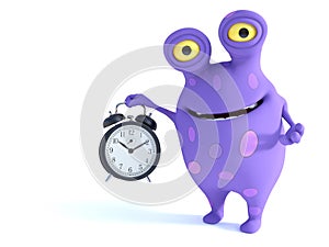 A happy spotted monster holding alarm clock