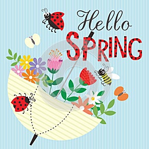 Happy spring card design with umbrella flower and bee