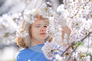 Happy spring. Close up portrait of smiling child face near white cherry blossom tree, spring flowers. Kid among branches