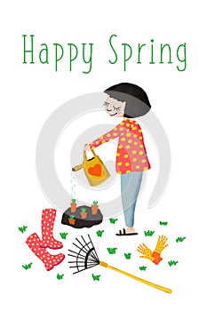 Happy Spring Gardening greeting card illustration. Hand drawn design with woman watering vegetables, garden tools. For