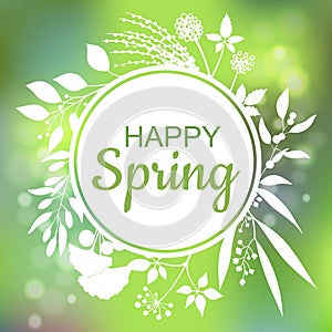 Happy Spring green card design with a textured abstract background and text in square floral frame