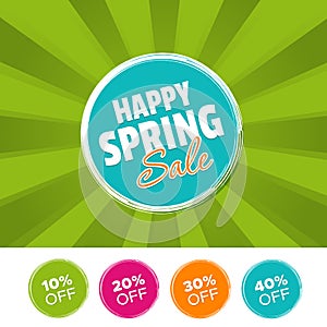 Happy Spring Sale color banner and 10%, 20%, 30% & 40% Off Marks. Vector illustration.