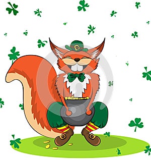 Happy squirell dressed as a leprechaun and gold. Poster St. Patrick`s Day