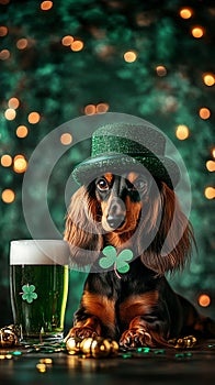 Happy St. Paddy\'s Day. St. Patrick\'s day banner with dachshund gold coins, glitter and shamrock clover leaves. photo