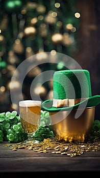 Happy St. Paddy\'s Day. St. Patrick\'s day banner with green beer, gold coins, glitter and shamrock