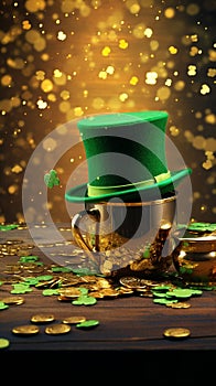 Happy St. Paddy\'s Day. St. Patrick\'s day banner with green beer, gold coins, glitter and shamrock