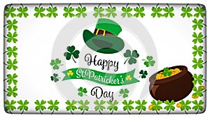 Happy St. Partick`s day greeting. Calligraphy design for cards. Typography on white background with green four-leaf shamrocks.