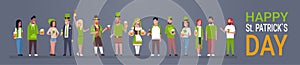 Happy St. Patrick Day Party Poster, Group Of People In Green Clothes Drinking Beer Horizontal Banner