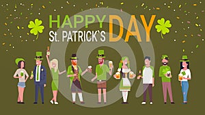 Happy St. Patrick Day Poster With Group Of People In Traditional Green Clothes Holding Beer Over Clover Background