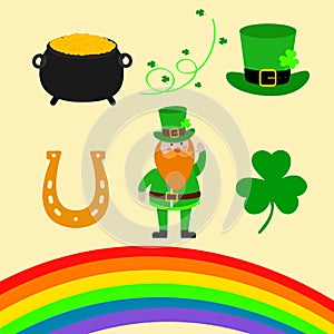 Happy St. Patrick Day scene creator set vector illustration. Leprechaun, clover shamrock leaf, the hat, pot of gold, rainbow, magi