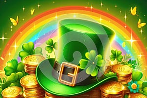 Happy St. Patrick's Day background green shamrock hat full gold coins rainbow.