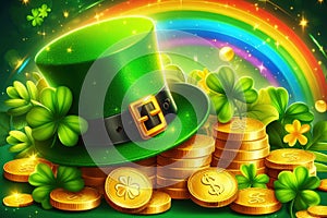 Happy St. Patrick's Day background green shamrock hat full gold coins rainbow.