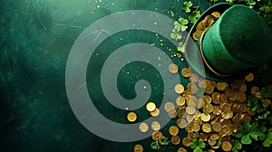 Happy St. Patrick's Day background with a leprechaun green hat full of gold coins