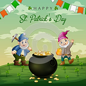 Happy St Patrick`s Day background with two cute dwarfs