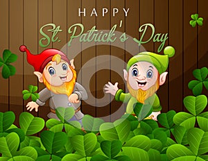 Happy St Patrick`s Day background with two cute dwarfs