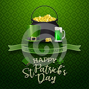 Happy St. Patrick`s Day with beer, hat, and golden coins