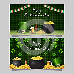 Happy St. Patrick's Day with beer, hat, and golden coins