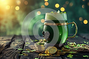 Happy St Patrick`s Day concept with cauldron of gold coins and Green beer pint