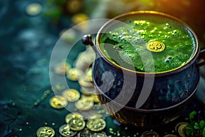 Happy St Patrick`s Day concept with cauldron of gold coins and Green beer pint