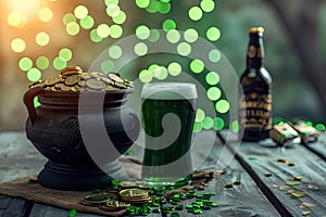 Happy St Patrick`s Day concept with cauldron of gold coins and Green beer pint