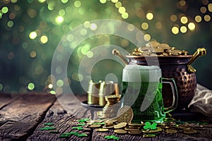 Happy St Patrick`s Day concept with cauldron of gold coins and Green beer pint