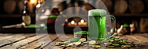 Happy St Patrick`s Day concept with cauldron of gold coins and Green beer pint