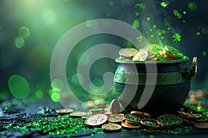 Happy St Patrick`s Day concept with cauldron of gold coins and Green beer pint