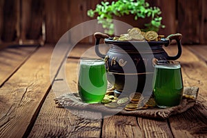 Happy St Patrick`s Day concept with cauldron of gold coins and Green beer pint