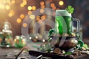 Happy St Patrick`s Day concept with cauldron of gold coins and Green beer pint