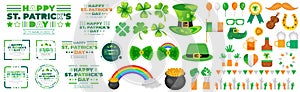 Happy St. Patrick's Day elements mega set with green clover, shamrock, green ale, gold coins pot, and rainbow
