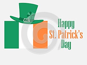 Happy St. Patrick`s Day. Festive background with an Irish flag and clover. Leprechaun hat. Vector