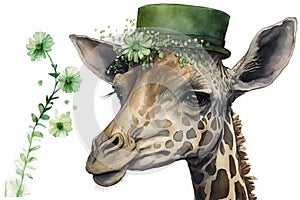 Happy St. Patrick\'s Day Giraffe with Green Scarf, Hat, and Flowers Watercolor. Perfect for Greeting Cards and Invitation