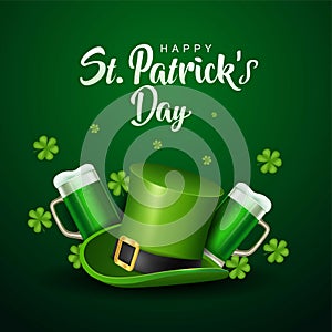 Happy St. Patrick`s day. green hat with beer glasses. vector illustration design