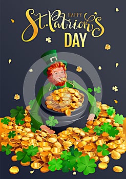 Happy St. Patrick`s day greeting card. Red gnome and pot of gold