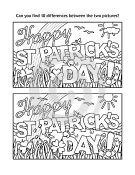 `Happy St Patrick`s Day!` holiday greeting find the differences picture puzzle and coloring page